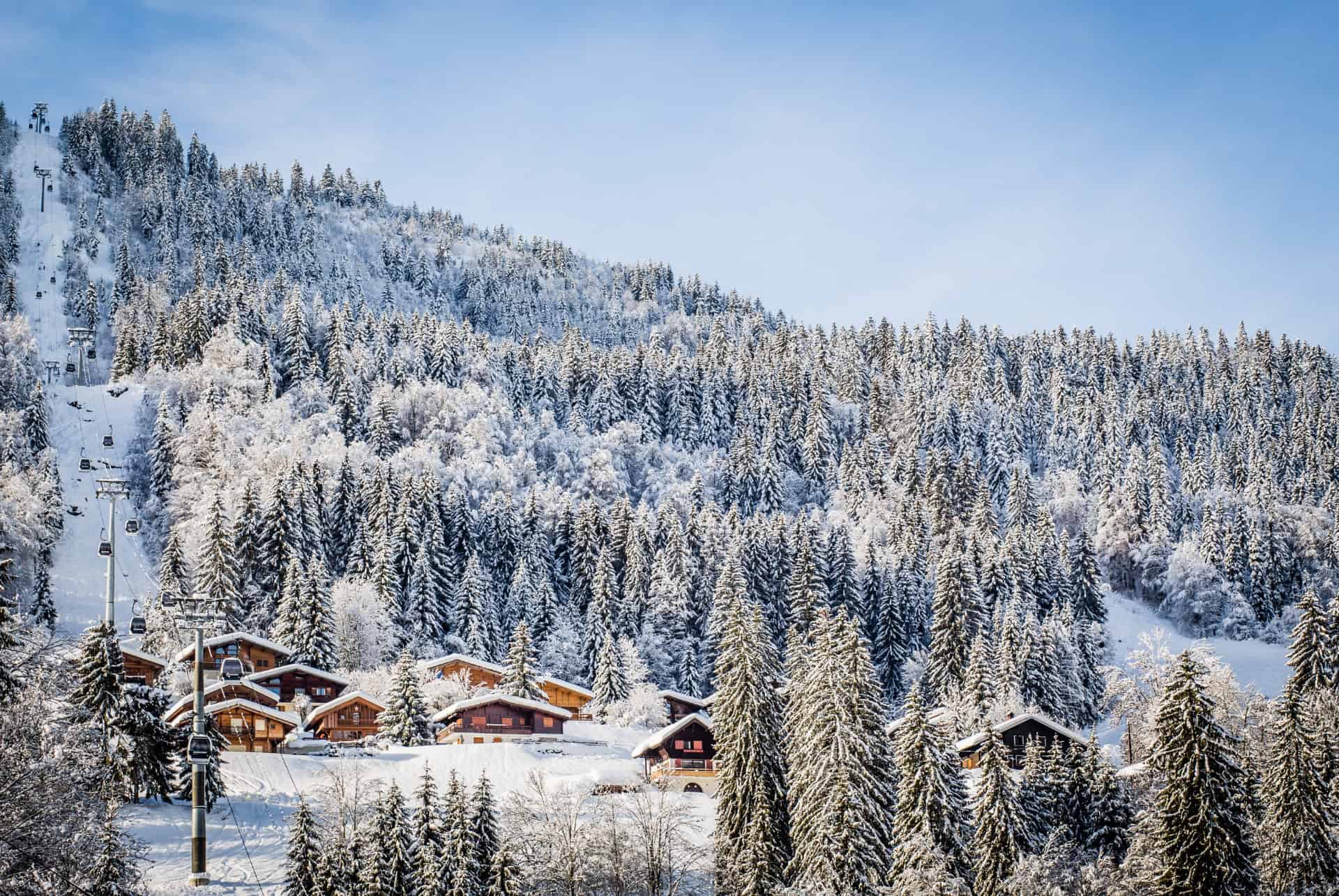 Chalets et forêt de sapins enneigés en montagne Chalets et forêt de sapins enneigés en montagne
