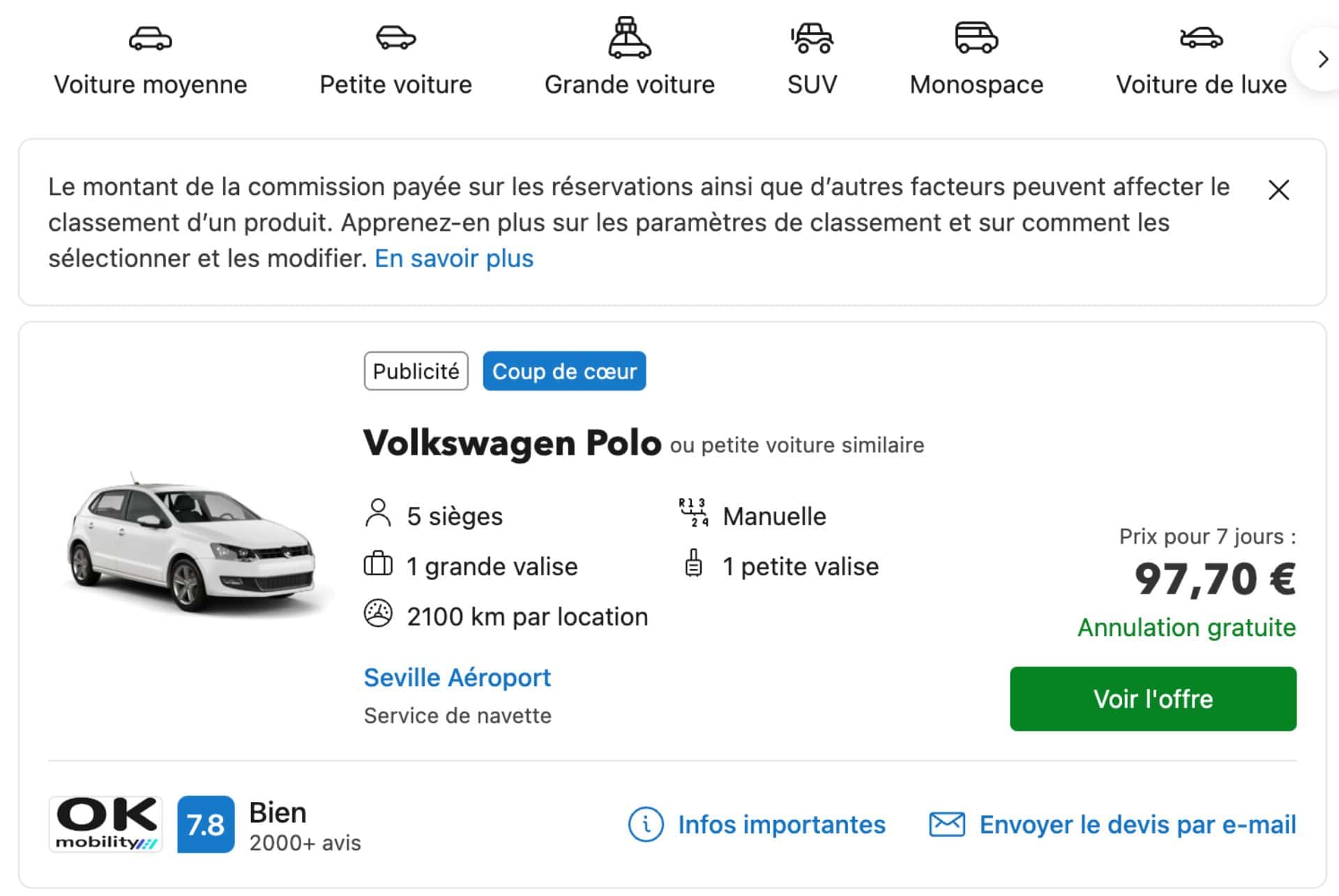 exemple location voiture citadine andalousie