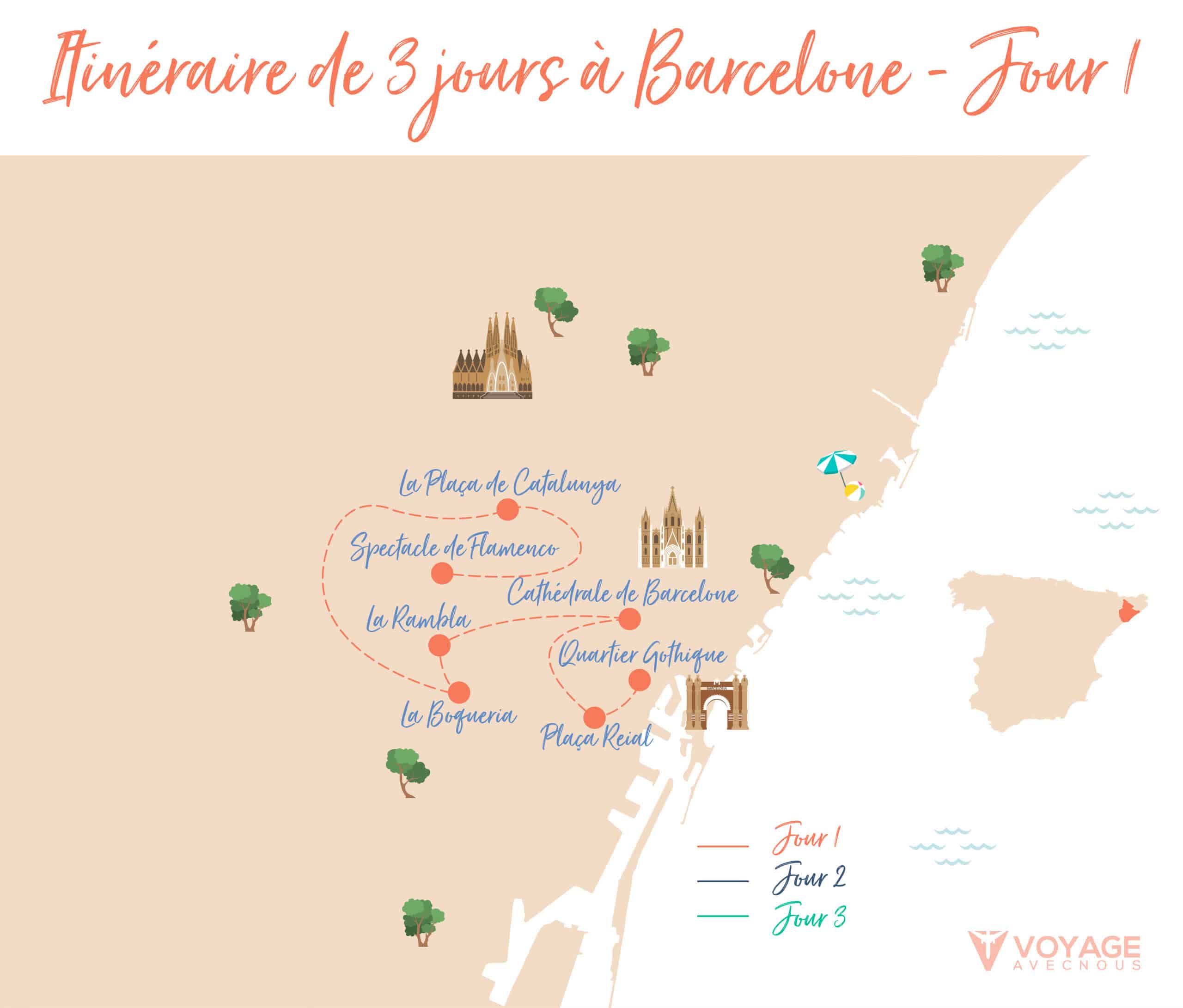 visiter barcelone en 3 jours carte jour 1 