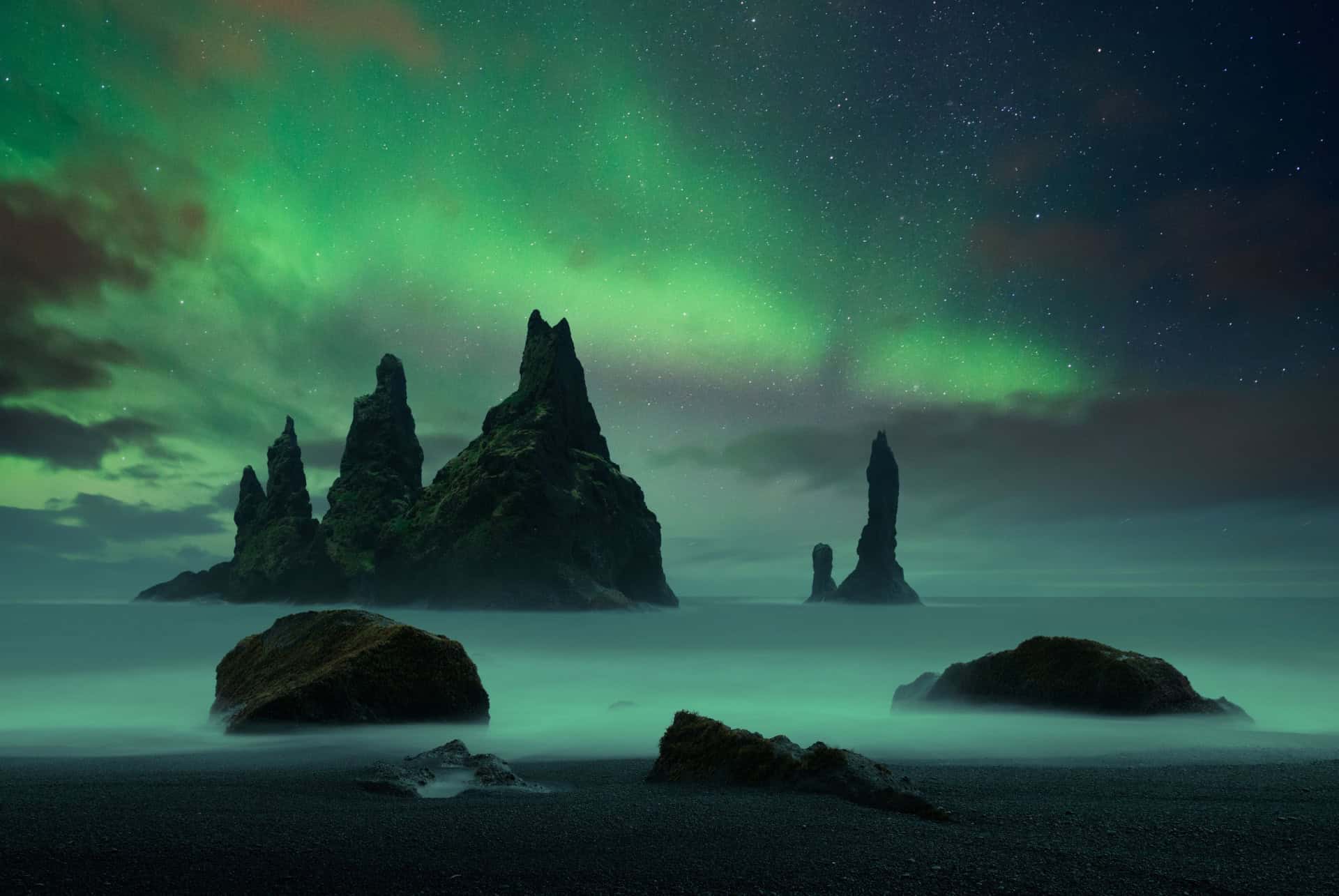 plage vik aurore boreale islande