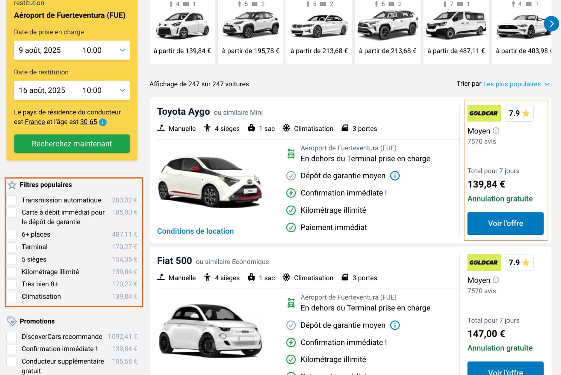 page de resultats voiture de location fuerteventura