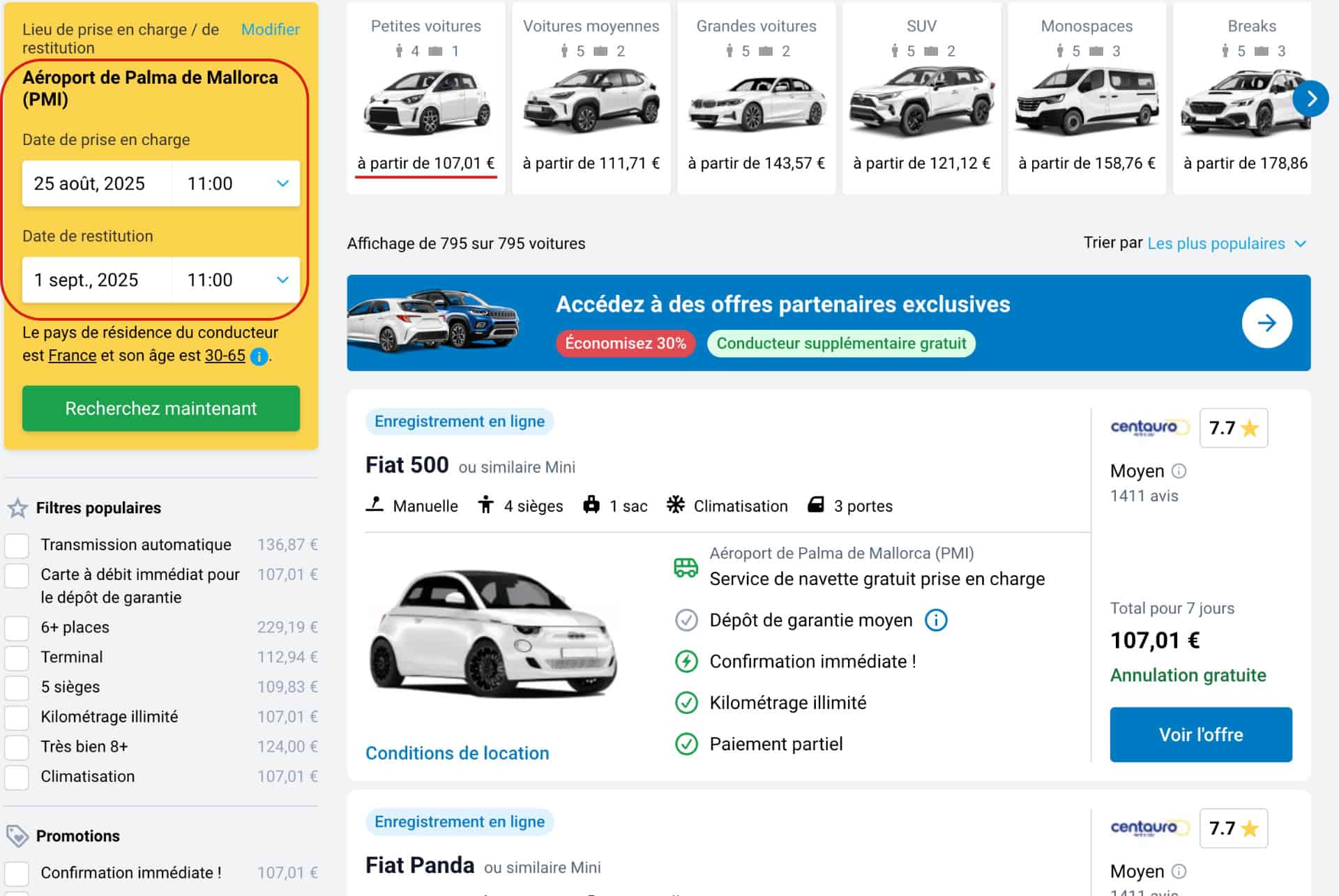 exemple prix aout location voiture palma de majorque