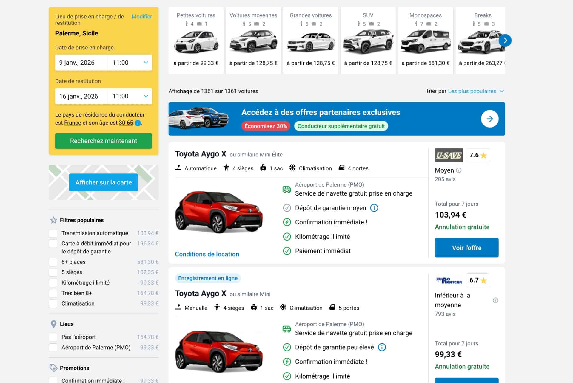 tarifs basse saison location voiture palerme